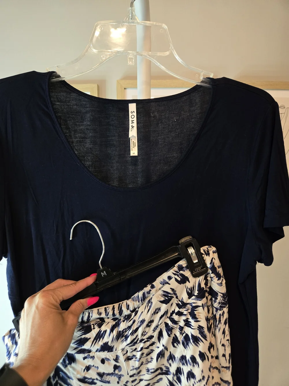 Soma Navy Top with White & Navy Printed Shorts Pajama Set